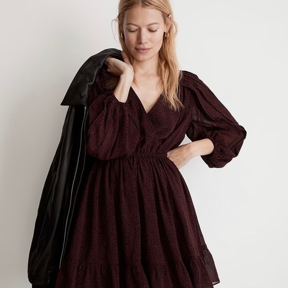 Madewell (Re)sourced Georgette Faux-Wrap Mini Dress SMALL Cabernet - Picture 6 of 12